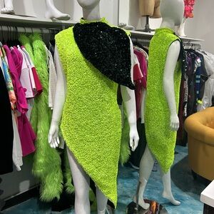Lime Green Asymmetric Textured Dress with Green Emerald Sequin Accent